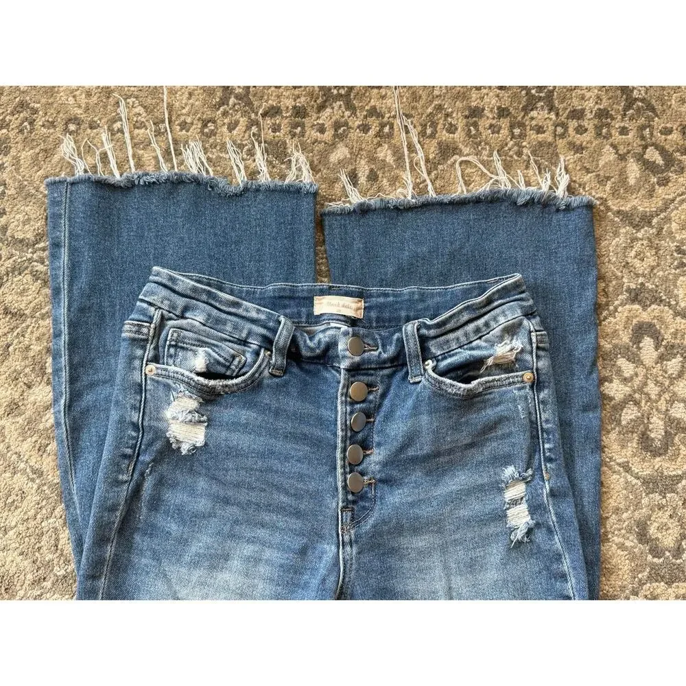 Altar’d State High Rise Distressed Flare Jeans Women 28 Raw Hem Button Fly Denim